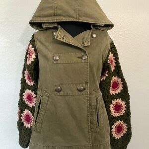 Upcycled Military Style Hooded Jacket with Hand Crocheted Floral Sleeves